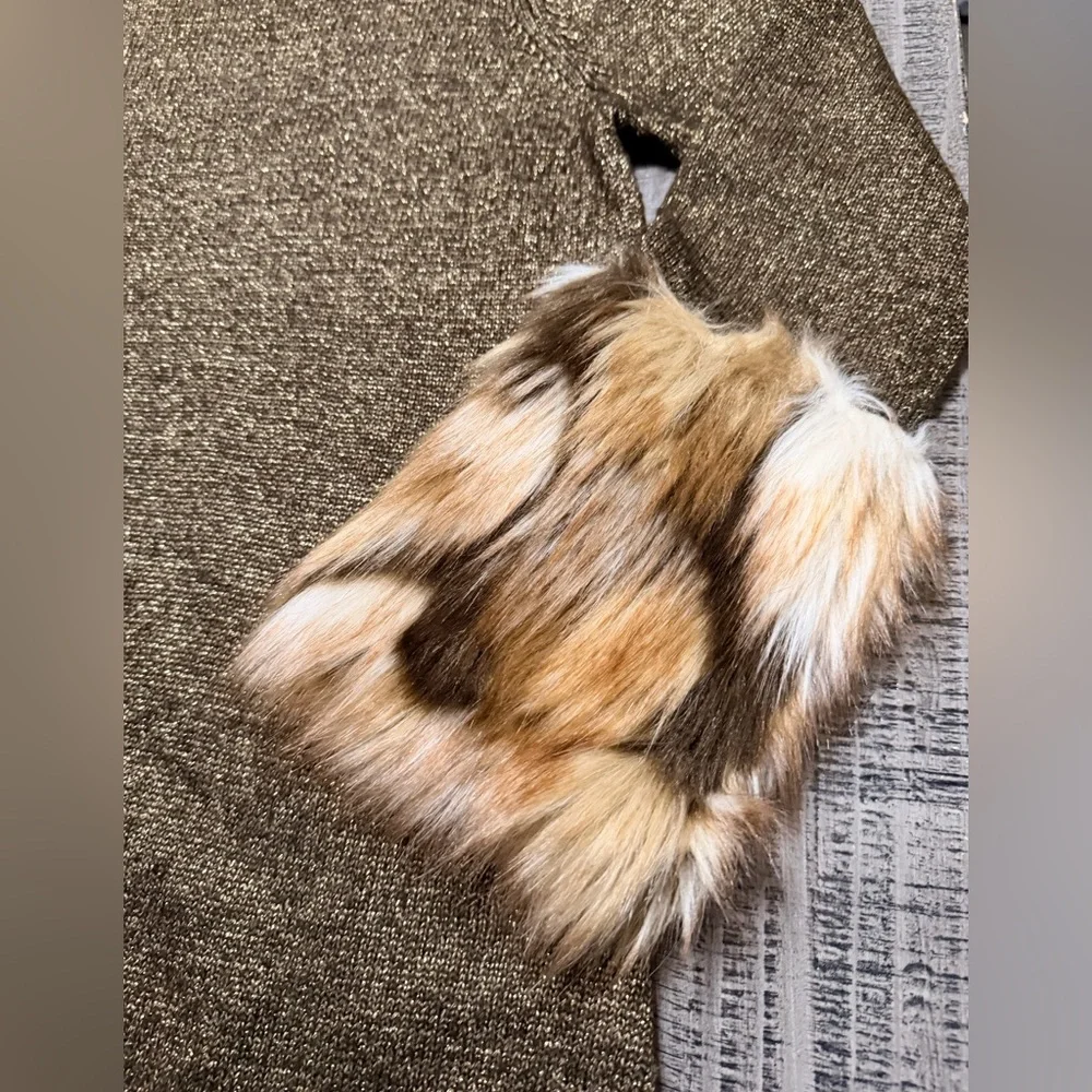 Boston Proper Metallic Brown Sweater with Faux Fur Cuffs - Picture 3 of 9